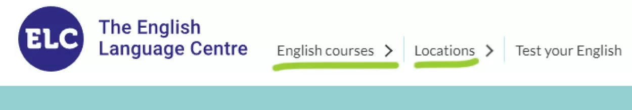 A screenshot of part of the ELC website with headings underlined to show where to look for English courses in England