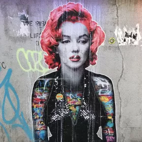 A photo of street art in Brighton in the form of a collage photo of Marilyn Monroe, with pink hair and tattoos over her body. This has been pasted onto a concrete wall section which contains other spray painted graffiti tags.