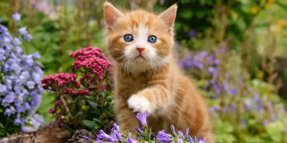 A stock image of a ginger and white kitten in a garden, staring straight at the camera